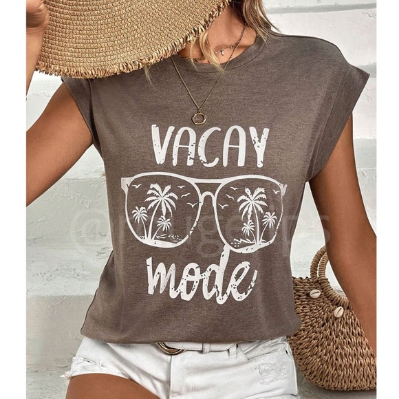 Rouge! Tops - Graphic Print Mocha Brown Crew Neck Muscle Tee Top Shirt